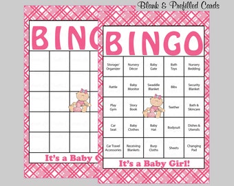 100 Baby Shower Bingo Cards - 100 Prefilled Bingo Cards - Girl Baby Shower Game - Pink Plaid Baby Shower Game - Download - B4002