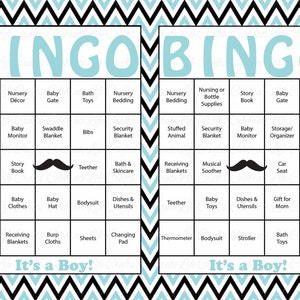 30 Little Man Baby Shower Bingo Cards 30 Prefilled Bingo Cards Boy Baby Shower Game Aqua Black Printable B1004 image 2