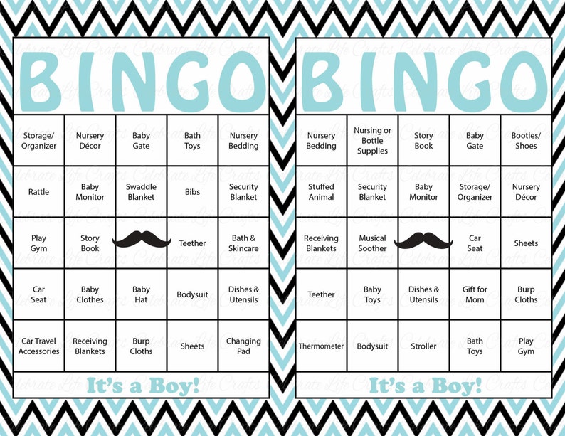 30 Little Man Baby Shower Bingo Cards 30 Prefilled Bingo Cards Boy Baby Shower Game Aqua Black Printable B1004 image 2