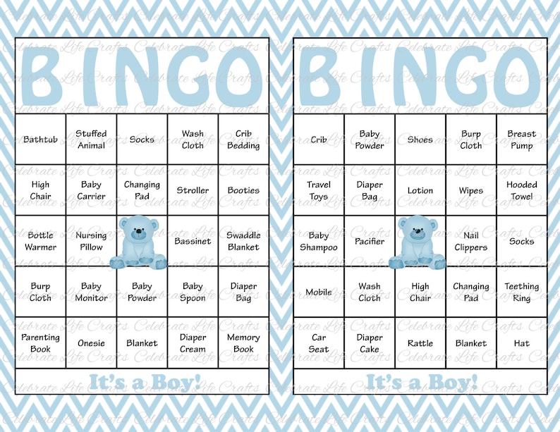100 Baby Shower Bingo Cards Printable Party Baby Boy Instant Download Baby Blue Chevron Teddy Bear Baby Shower Gift Bingo B028 image 1