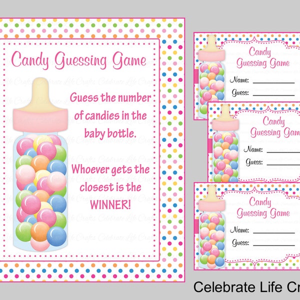 Baby Shower Candy Bottle Guessing Game - Sign and Tags - Baby Girl Owl Baby Shower Theme - Candy Jar Game - Rainbow Polka Dots B2009