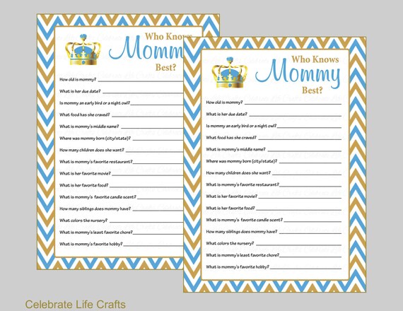 Who Knows Mommy Best Baby Shower Game - Printable Baby Shower Games - Baby Boy Little Prince Crown Theme - Blue Gold Chevrons B23004 Il_570xn