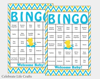 60 Rubber Duck Baby Shower Bingo Cards - 60 Prefilled Bingo Cards - Boy Girl Neutral Baby Shower Game - Blue Yellow - B14002