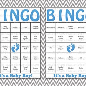 30 Baby Shower Bingo Cards Blue Gray Printable Party Baby Boy Instant Download Grey Chevron Blue Baby Feet Baby Shower Gift Bingo B071 image 1