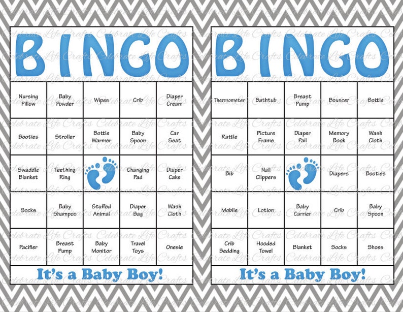 30 Baby Shower Bingo Cards Blue Gray Printable Party Baby Boy Instant Download Grey Chevron Blue Baby Feet Baby Shower Gift Bingo B071 image 1