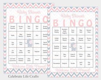 30 Elephant Baby Shower Bingo Cards -  30 Printable Bingo Cards - Girl Baby Shower Game - Pink Elephant Theme - Instant Download - B3001