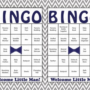 60 Little Man Baby Shower Bingo Cards 60 Prefilled Bingo Cards Boy Baby Shower Game Navy Gray Printable Download B1006 image 2