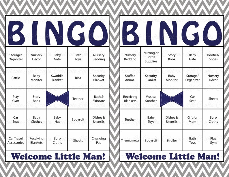 60 Little Man Baby Shower Bingo Cards 60 Prefilled Bingo Cards Boy Baby Shower Game Navy Gray Printable Download B1006 image 2