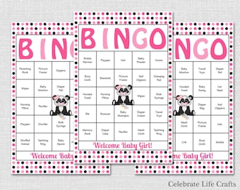 60 Pink Panda Baby Shower Bingo Cards - Printable Baby Shower Games - Girl Baby Shower - Pink Black Polka Dots Panda Bear - 0020-P