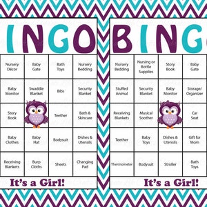 30 Owl Baby Shower Bingo Cards 30 Prefilled Bingo Cards Girl Baby Shower Game Purple Teal Chevron Printable Download B2007 image 2