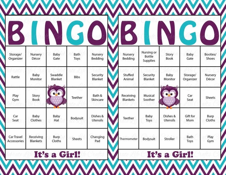 30 Owl Baby Shower Bingo Cards 30 Prefilled Bingo Cards Girl Baby Shower Game Purple Teal Chevron Printable Download B2007 image 2