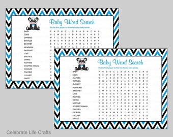 Baby Word Search Baby Shower Game - Printable Baby Games - Baby Boy - Turquoise Blue and Black Panda Theme - Answer Key Included  B20003