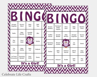 30 Owl Baby Shower Bingo Cards -  30 Prefilled Bingo Cards - Girl Baby Shower Game - Purple Chevron - Printable Download - B2008