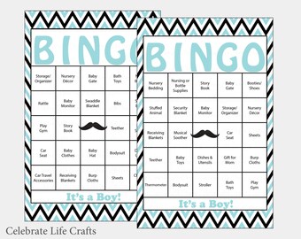 60 Little Man Baby Shower Bingo Cards -  60 Prefilled Bingo Cards - Boy Baby Shower Game - Aqua Black - Printable Download - B1004