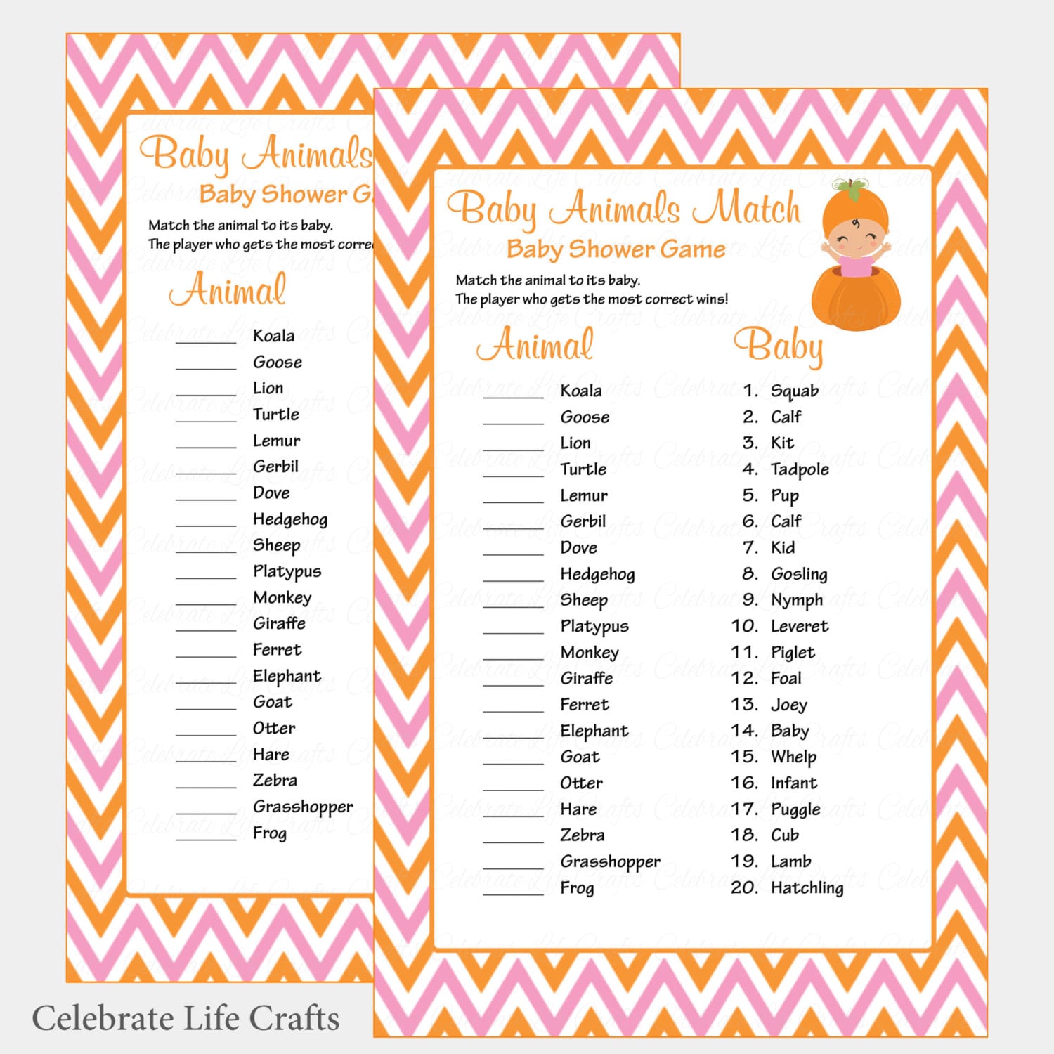 Baby Animals Match Game With Answer Key Printable Baby Shower Game Baby