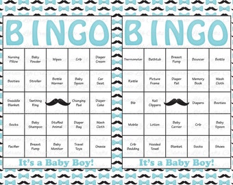 30 Baby Shower Bingo Cards -  Mustache Bowtie Theme - Printable Party Boy - Instant Download - Little Man Aqua Black Bowtie B050