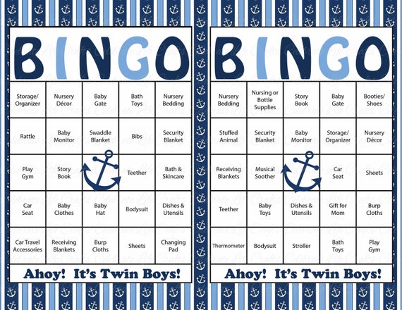 100 Anchor TWIN BOYS Baby Shower Bingo Cards - 100 Prefilled Bingo Cards - Twin Boys Nautical Baby Shower Game - Navy Blue Download - B15002 Il_570xn