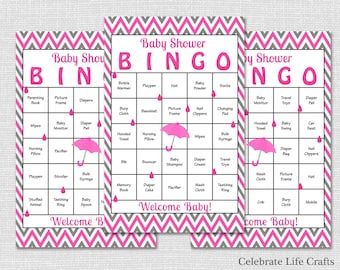 30 Pink Baby Shower Bingo Cards Download - Printable Baby Shower Games - Baby Bingo Baby Sprinkle - Pink Gray Chevron - Boy or Girl N024-P