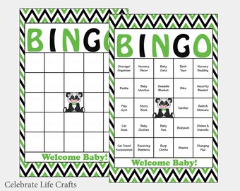 100 Panda Baby Shower Bingo Game -   Prefilled Bingo Cards - Boy, Girl or Neutral Shower Game - Green Black Chevron - B20005