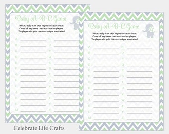 Baby Shower Games - Baby ABC Game - Printable Shower Games - Green Gray Elephant - Boy Baby Shower - Gender Neutral - PDF Download - B3006