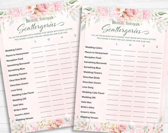 Bridal Scattergories | Bridal Shower Games | Boho Bridal Shower | Pink Watercolor Flowers | Wedding Activity | Printable Download BR1007