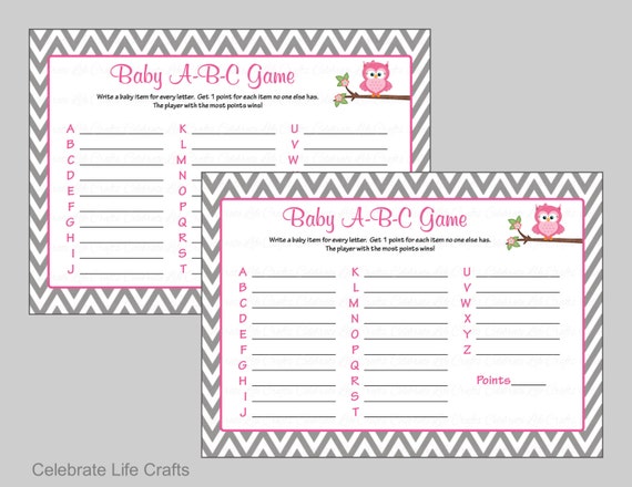 Baby Shower Baby ABC Game - Printable Baby Shower Games -Instant Download - Baby Girl Shower - Gray Pink Grey Owl Baby Shower Theme - B2004 Il_570xn