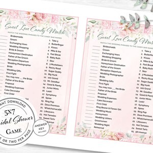 Bridal Shower Games Sweet Love Candy Match Game Blush Bridal Shower Pink Watercolor Flowers Wedding Game Printable Download BR1007 image 2