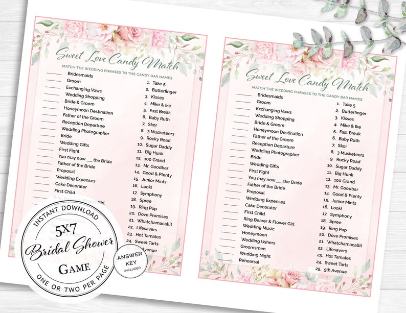 Bridal Shower Games Sweet Love Candy Match Game Blush Bridal Shower Pink Watercolor Flowers Wedding Game Printable Download BR1007 image 2