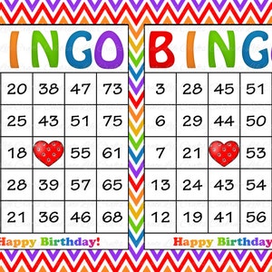 60 Rainbow Birthday Printable Bingo Cards Instant Download Birthday Party Game for Girls Rainbow Chevron Heart BD002 image 1