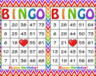 30 Rainbow Birthday Printable Bingo Cards - Instant Download - Birthday Party Game for Girls - Rainbow Chevron Heart BD002