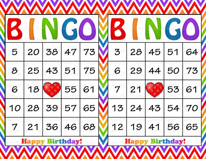 60 Rainbow Birthday Printable Bingo Cards Instant Download Birthday Party Game for Girls Rainbow Chevron Heart BD002 image 1