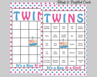 60 Twins Baby Shower Bingo Cards - 60 Prefilled Bingo Cards - Boy Girl Twins Shower Game - Pink Blue Printable Download - B25001