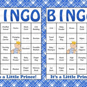 60 Baby Shower Bingo Cards Printable Party Baby Boy Instant Download Little Prince Blue Plaid Baby Shower Gift Bingo image 1