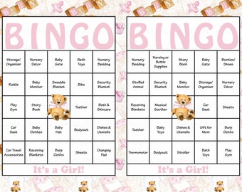 60 Teddy Bear Baby Shower Bingo Cards - 60 Prefilled Bingo Cards - Girl Baby Shower Game - Baby Pink Teddy Bear Download - B32004