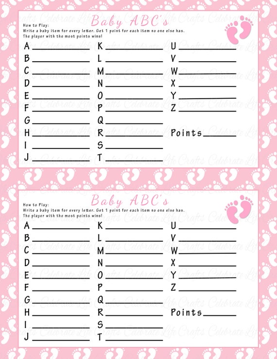 Baby Shower Baby Abc Game Printable Baby Shower Games Pink Baby Feet Baby Girl G037 By Celebrate Life Crafts Catch My Party