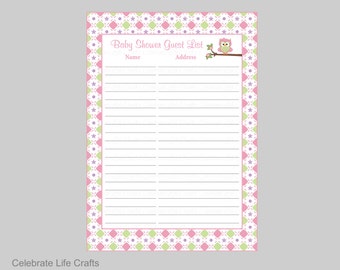 Owl Baby Shower Guest List - Printable Sign in Sheet Address Thank You Notes - Baby Girl - Pink Green Checkered Owl Baby Theme - B2010