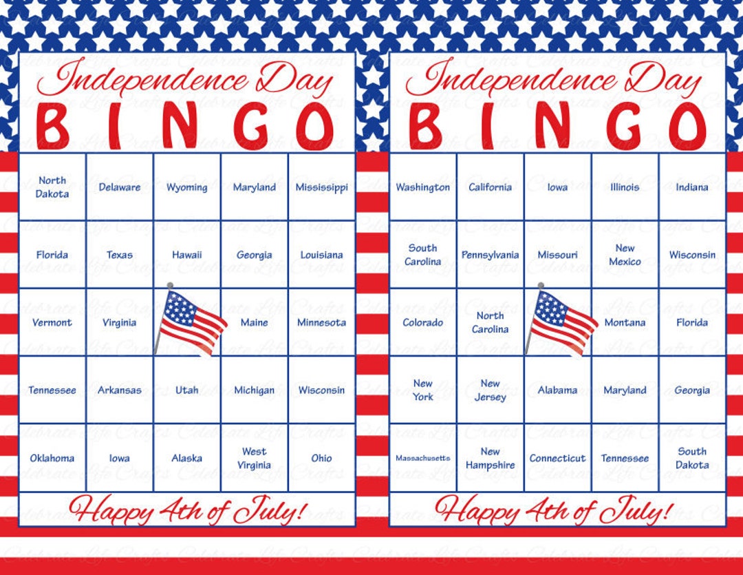 60 4th of July Printable Bingo Cards Patriotic 50 US States Theme, Stars & Stripes Independence 