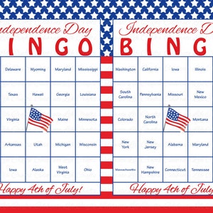 100 4th of July Printable Bingo Cards Patriotic 50 US States Theme, Stars & Stripes Independence Day Party Game, Red White and Blue image 1