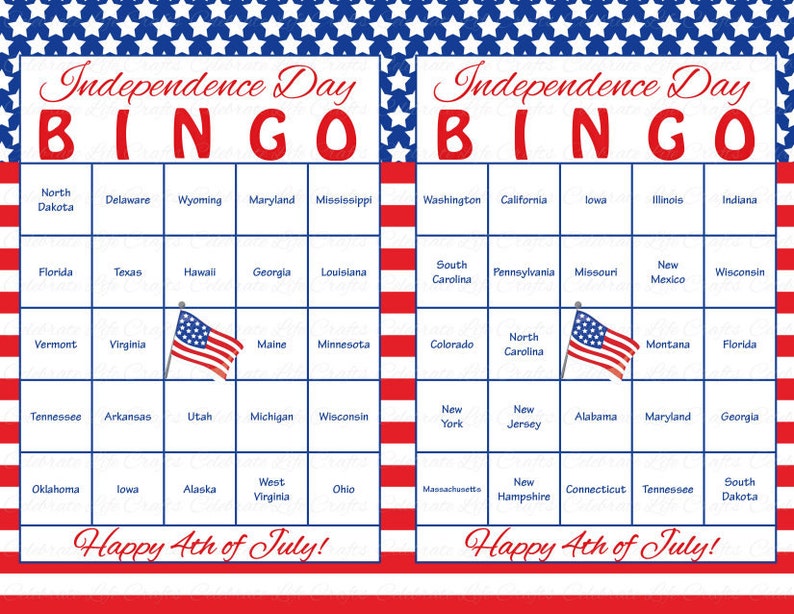 60 4th of July Printable Bingo Cards - Patriotic 50 US States Theme ...