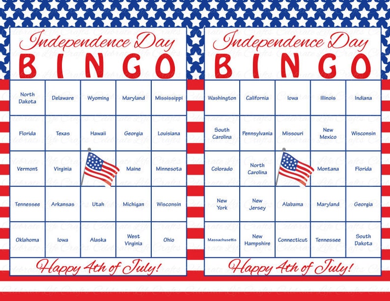 100 4th of July Printable Bingo Cards Patriotic 50 US States Theme, Stars & Stripes Independence Day Party Game, Red White and Blue image 1