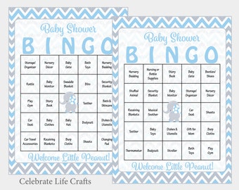 60 Elephant Baby Shower Bingo Cards - Printable Baby Bingo Cards - No Duplicates - Blue Elephant Baby Shower Game - Instant Download - B3004