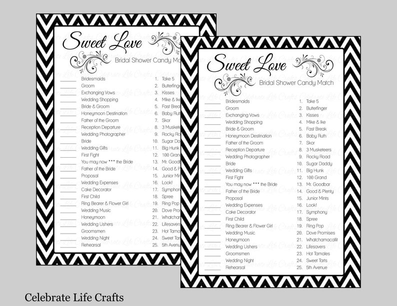 Sweet Love Bridal Shower Game Bridal Shower Candy Bar Match Game