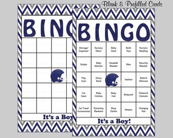 60 Football Baby Shower Bingo Cards - 60 Prefilled Bingo Cards - Boy Football Baby Shower Game -Navy Gray Chevrons - B8001