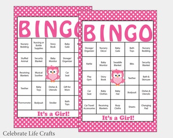 30 Owl Baby Shower Bingo Cards - Printable Party Baby Girl -  Prefilled Cards Included - Pink Owl Baby Shower Gift Bingo B2003