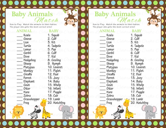 Baby Shower Baby Animals Match Game - DIY Printable - Match Mama and Baby  Name - Baby Boy Jungle Animals Safari Monkey Giraffe Elephant N019