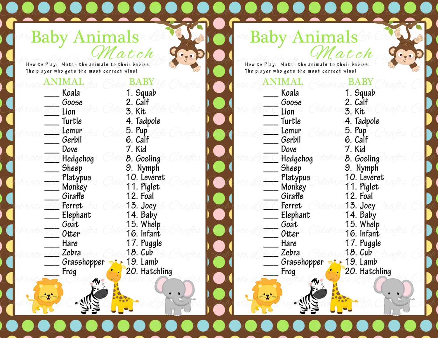 Baby Shower Baby Animals Match Game Diy Printable Match Etsy