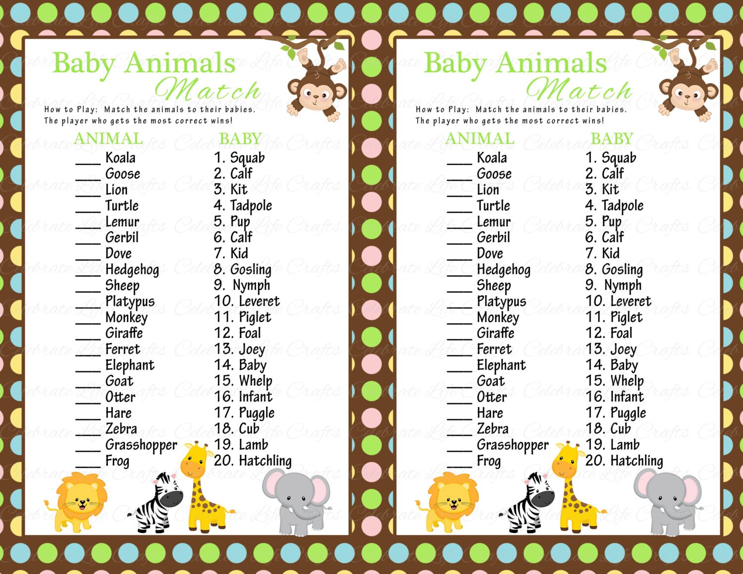 Baby Shower Baby Animals Match Game DIY Printable Match Mama And Baby 