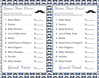 Baby Shower Name That Price Game - Printable Baby Shower Games - Navy Black Mustache Bowtie Little Man Baby Boy - B018