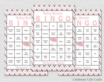 100 Pink Baby Shower Bingo Cards Download - Printable Baby Shower Games - Baby Bingo Baby Sprinkle - Pink Gray Chevron  Boy or Girl N024-BP