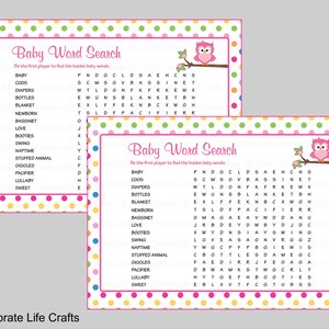 Baby Word Search Baby Shower Game with Answer Key Printable Baby Games Owl Baby Girl Rainbow Polka Dots B2009 image 1